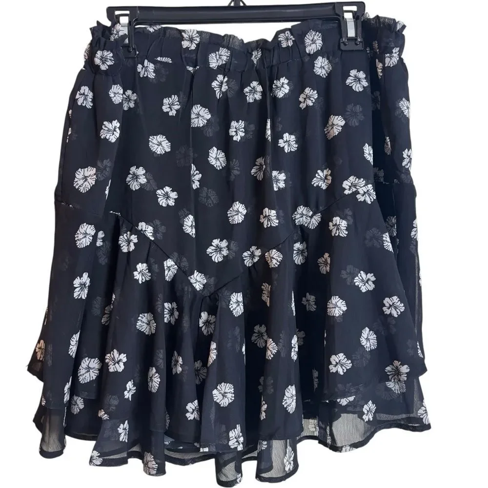Boho Flowy Ruffle Shorts Plus Size 2XL Bohemian Summer Skirt Skort Black Floral